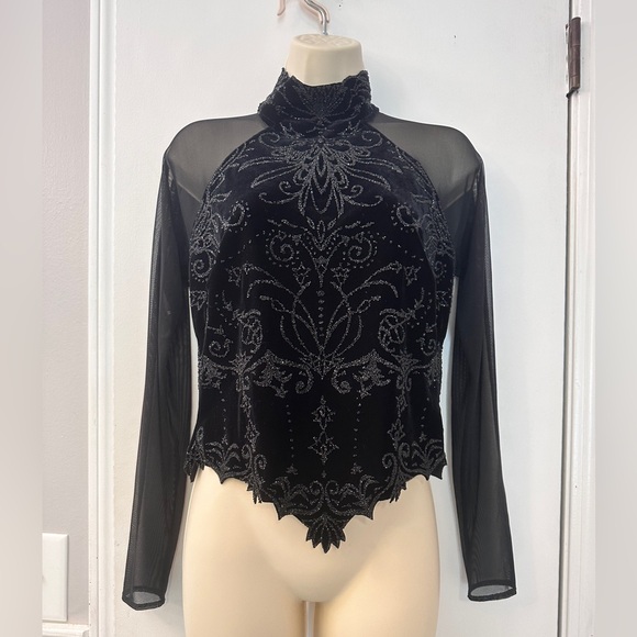 Tadashi Shoji Vintage Black Velvet Sheer Beaded Top with Mesh, Size XL - Picture 2 of 14